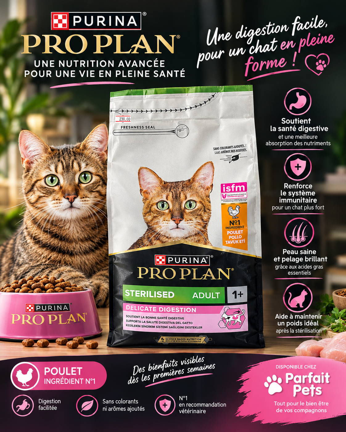 Purina Pro Plan Sterilised Adult 1+ (Delicate Digestion) – Saveur Poulet (1,5kg)