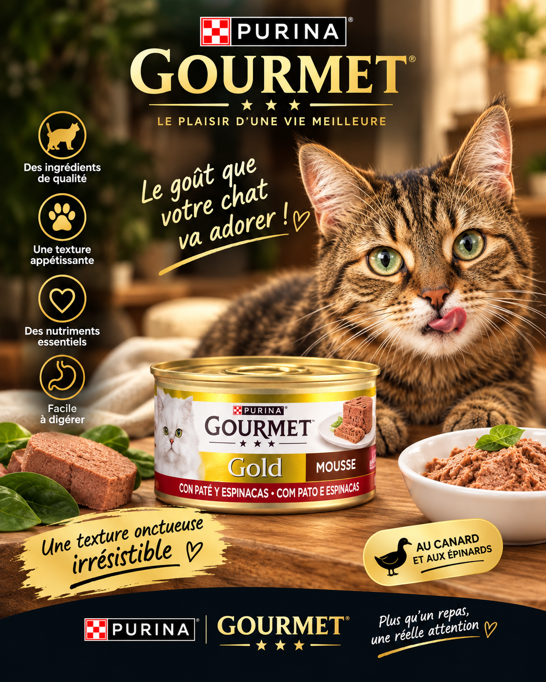 Purina Gourmet Gold Mousse avec Légumes – Au Canard et Épinards (Boîte 85g)